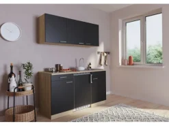 Respekta Miniküchen|Kochfelder<Economy Küchenzeile KB150ESSC 150 cm Schwarz-Eiche Sägerau