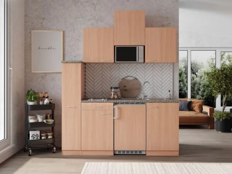 Respekta Economy Küchenzeile KB180BBMIC 180 cm Buche< Kühlschränke|Single-Küchen