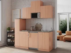 Respekta Economy Küchenzeile KB180BBMIC 180 cm Buche< Kühlschränke|Single-Küchen