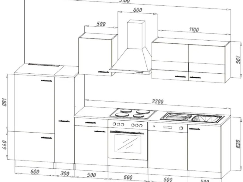 New Respekta Economy Küchenzeile KB310ESSS 310 cm -Eiche Sägerau Schwarz