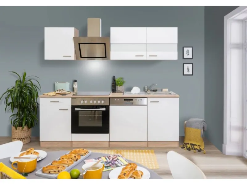 Online Respekta Economy Küchenzeile KB220ESWSC 220 cm -Eiche Sägerau Glänzend Weiß