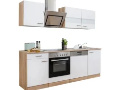 Online Respekta Economy Küchenzeile KB220ESWSC 220 cm -Eiche Sägerau Glänzend Weiß