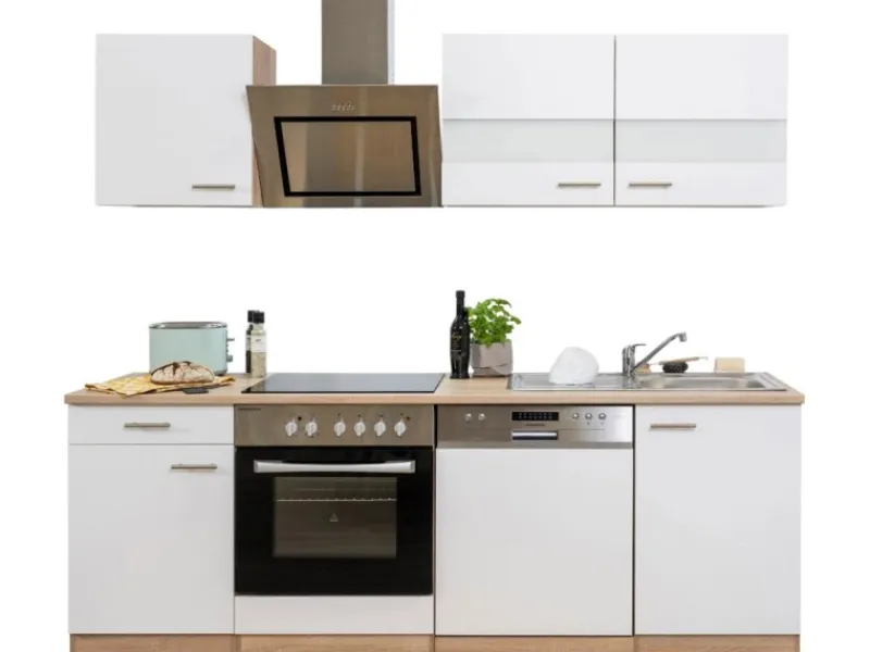 Online Respekta Economy Küchenzeile KB220ESWSC 220 cm -Eiche Sägerau Glänzend Weiß