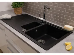 Respekta Einbauspüle Massivgranit Austin 100 cm x 50 cm mit Zusatzbecken Schwarz< Granitspülen
