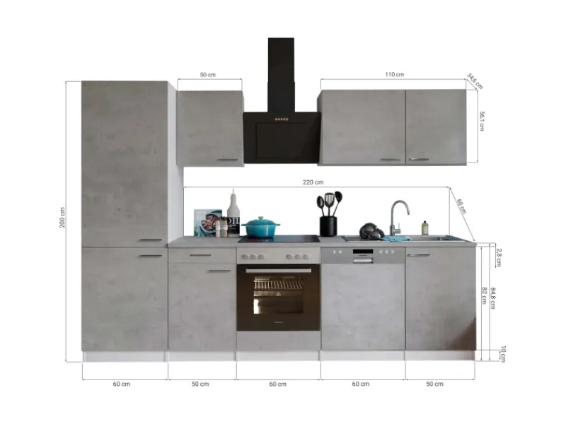 Hot Respekta Küchenblock Malia 280 cm Beton Fronten inkl. Kühl-/ Gefrierkombination