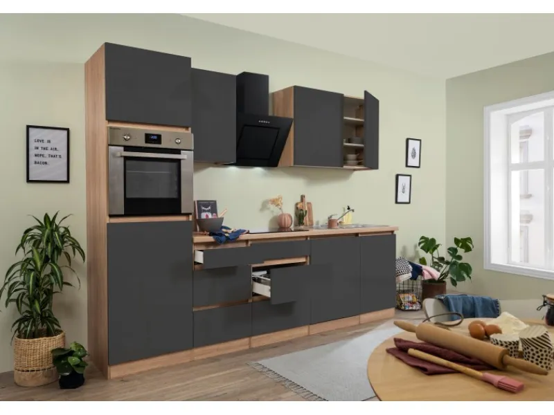 Respekta Premium Kühlschränke|Einbauküchen<Respekta Küchenzeile GLRP280HESG Grifflos 280 cm -Sonoma Eiche