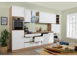 Clearance Respekta Premium Respekta Küchenzeile GLRP380HESW Grifflos 380 cm Weiß Hochglanz-Sonoma Eiche Hochglanz Weiß