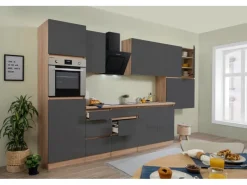 Clearance Respekta Premium Respekta Küchenzeile GLRP370HESG Grifflos 370 cm -Sonoma Eiche Grau Hochglanz