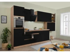 Online Respekta Premium Respekta Küchenzeile GLRP370HESS Grifflos 370 cm -Sonoma Eiche Schwarz Hochglanz