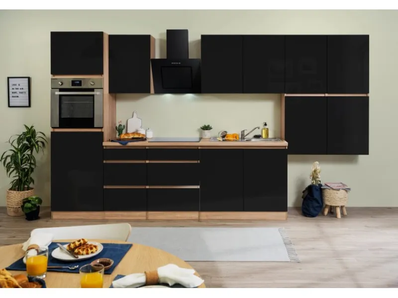 Online Respekta Premium Respekta Küchenzeile GLRP370HESS Grifflos 370 cm -Sonoma Eiche Schwarz Hochglanz