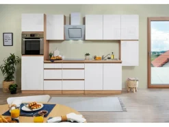 Respekta Premium Kühlschränke|Winkelküchen<Respekta Küchenzeile GLRP320HESW Grifflos 320 cm Weiß Hochglanz-Sonoma Eiche