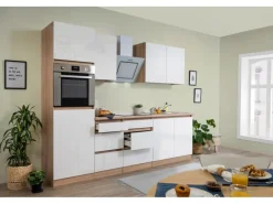 Clearance Respekta Premium Respekta Küchenzeile GLRP270HESW Grifflos 270 cm Weiß Hochglanz-Sonoma Eiche Hochglanz Weiß