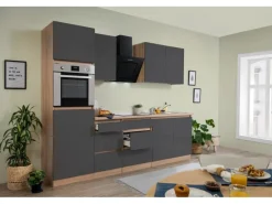 Clearance Respekta Premium Respekta Küchenzeile GLRP270HESG Grifflos 270 cm -Sonoma Eiche Grau Hochglanz