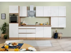 Respekta Premium Respekta Küchenzeile GLRP370HESW Grifflos 370 cm Weiß Hochglanz-Sonoma Eiche< Kochfelder|Kühlschränke