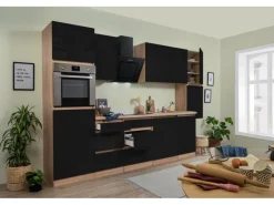 Hot Respekta Premium Respekta Küchenzeile GLRP330HESS Grifflos 330 cm -Sonoma Eiche Schwarz Hochglanz