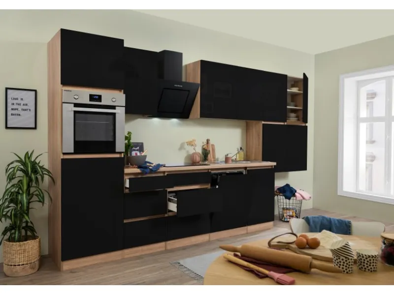Online Respekta Premium Respekta Küchenzeile GLRP380HESS Grifflos 380 cm -Sonoma Eiche Schwarz Hochglanz