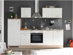 Respekta Küchenzeile KB270ENWP 270 cm Weiß-Eiche Natura Nachbildung Glänzend< Kühlschränke|Single-Küchen