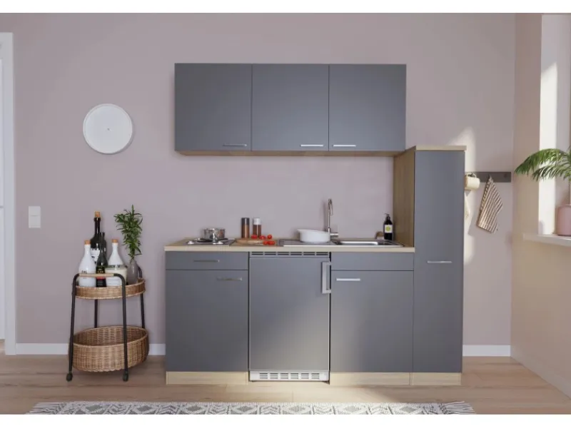 Respekta Küchenzeile KB180ESG 180 cm Grau-Eiche Sonoma Sägerau Nachbildung< Kochfelder|Kühlschränke