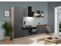 Sale Respekta Küchenzeile KB270ESGCGKE 270 cm -Eiche Sägerau Nachbildung Glänzend Grau
