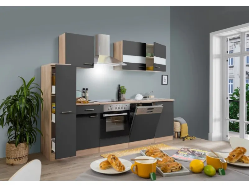 Respekta Einbauküchen|Single-Küchen<Küchenzeile KB250ESGC 250 cm -Eiche Glänzend