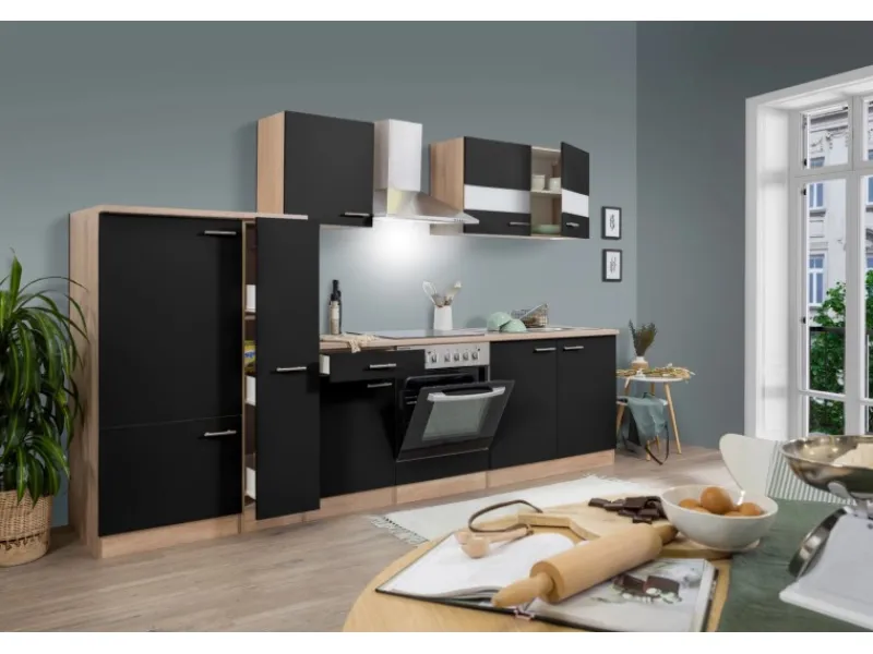 Hot Respekta Küchenzeile KB300ESSC 300 cm -Eiche Sägerau Nachbildung Schwarz