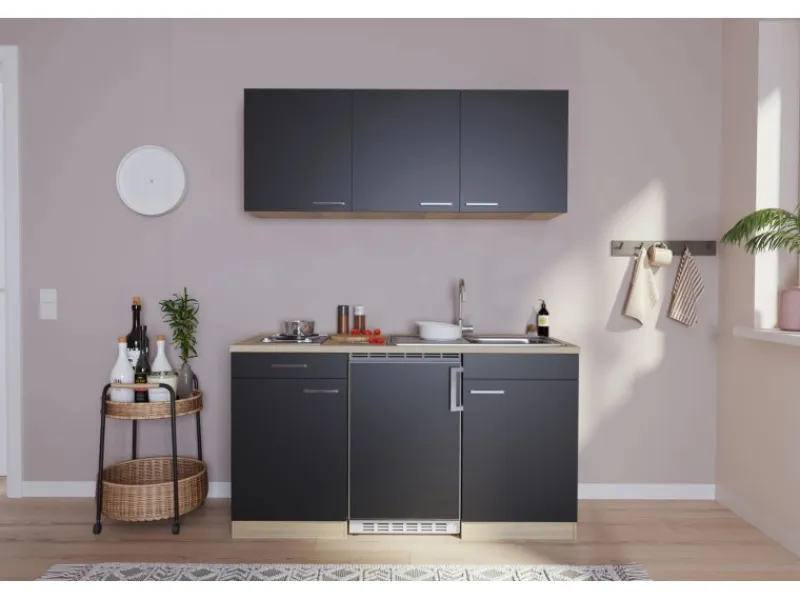 Respekta Küchenzeile KB150ESS 150 cm Schwarz-Eiche Sägerau< Miniküchen|Kochfelder