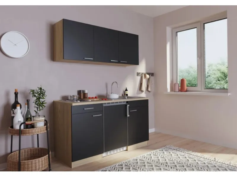 Respekta Küchenzeile KB150ESS 150 cm Schwarz-Eiche Sägerau< Miniküchen|Kochfelder