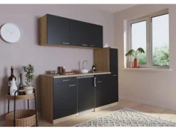 Respekta Single-Küchen|Kochfelder<Küchenzeile KB180ESS 180 cm Schwarz-Eiche Sonoma Sägerau Nachbildung