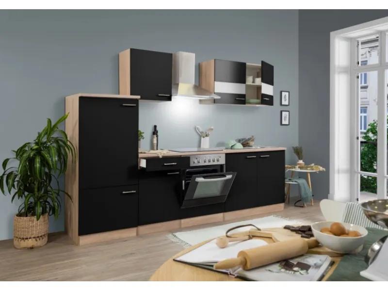 Best Respekta Küchenzeile KB270ESSC 270 cm -Eiche Sägerau Nachbildung Schwarz