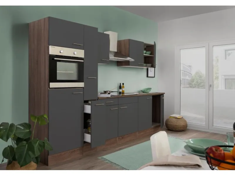 Best Respekta Küchenzeile KB300EYG 300 cm -Eiche York Nachbildung Grau Seidenglanz