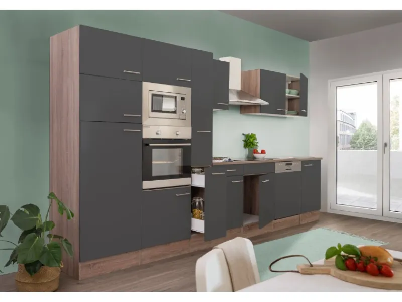 Respekta Küchenzeile KB370EYGMIGKE 370 cm Grau Seidengl.-Eiche York Nachbildung Grau Seidenglanz