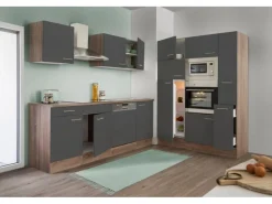 Respekta Küchenzeile KB370EYGMIGKE 370 cm Grau Seidengl.-Eiche York Nachbildung Grau Seidenglanz