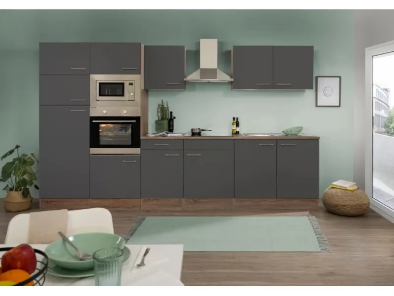 Clearance Respekta Küchenzeile KB330EYGMIGKE 330 cm Grau Seidengl.-Eiche York Nachbildung Grau Seidenglanz