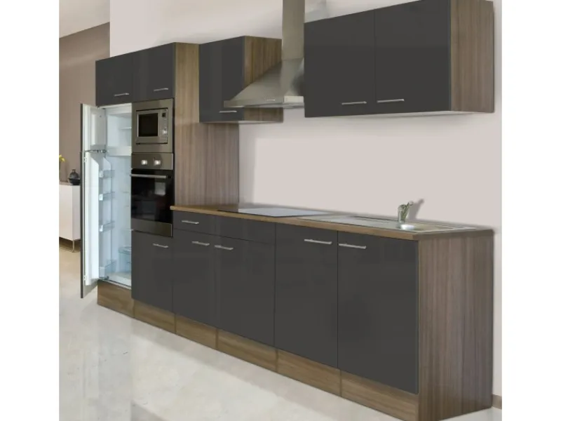 Clearance Respekta Küchenzeile KB330EYGMIGKE 330 cm Grau Seidengl.-Eiche York Nachbildung Grau Seidenglanz
