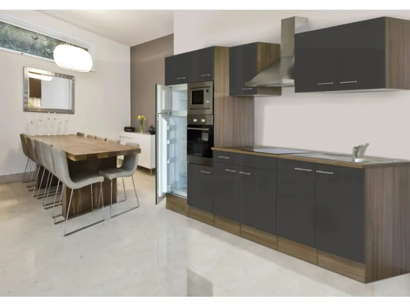 Clearance Respekta Küchenzeile KB330EYGMIGKE 330 cm Grau Seidengl.-Eiche York Nachbildung Grau Seidenglanz