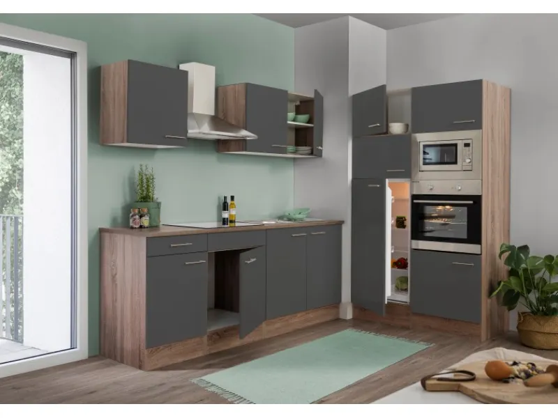 Clearance Respekta Küchenzeile KB330EYGMIGKE 330 cm Grau Seidengl.-Eiche York Nachbildung Grau Seidenglanz