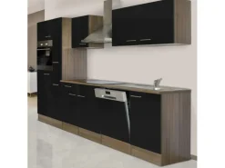 New Respekta Küchenzeile KB310EYS 310 cm Schwarz Seidengl.-Eiche York Nachbildung