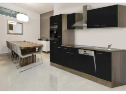 New Respekta Küchenzeile KB310EYS 310 cm Schwarz Seidengl.-Eiche York Nachbildung