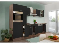 New Respekta Küchenzeile KB310EYS 310 cm Schwarz Seidengl.-Eiche York Nachbildung