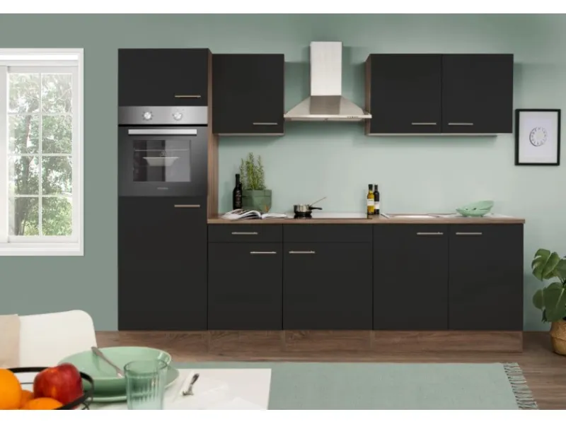 Outlet Respekta Küchenzeile KB270EYS 270 cm Schwarz Seidengl.-Eiche York Nachbildung