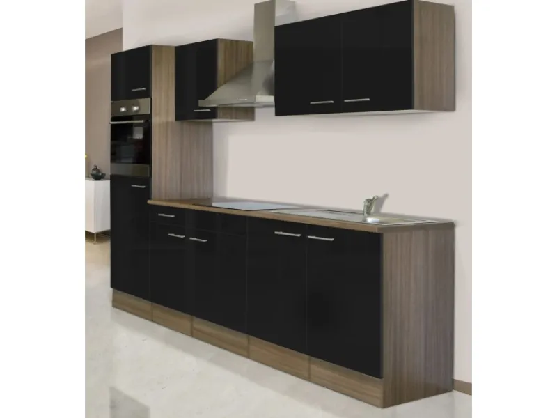 Outlet Respekta Küchenzeile KB270EYS 270 cm Schwarz Seidengl.-Eiche York Nachbildung