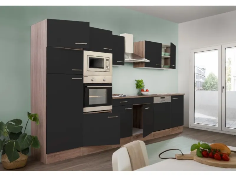 Respekta Einbauküchen<Küchenzeile KB340EYSMIGKE 340 cm Schwarz-Eiche York Nachbildung