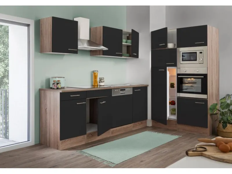 Respekta Einbauküchen<Küchenzeile KB340EYSMIGKE 340 cm Schwarz-Eiche York Nachbildung