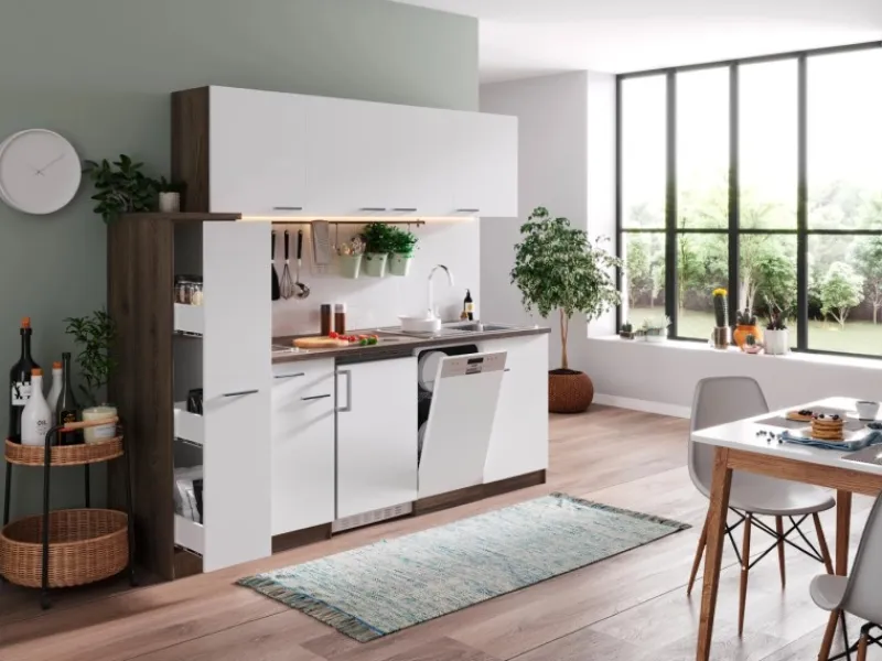 Respekta Küchenzeile KB225EYWC 225 cm -Eiche York Nachbildung Weiß