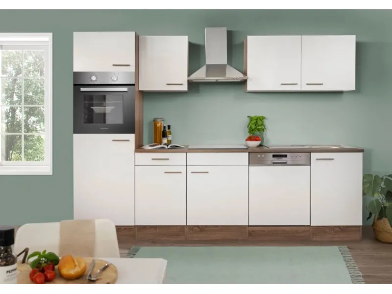Respekta Küchenzeile KB280EYW 280 cm -Eiche York Nachbildung Weiß Seidenglanz