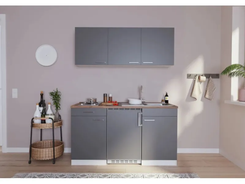 Sale Respekta Küchenzeile KB150WG 150 cm -Weiß Glänzend Grau