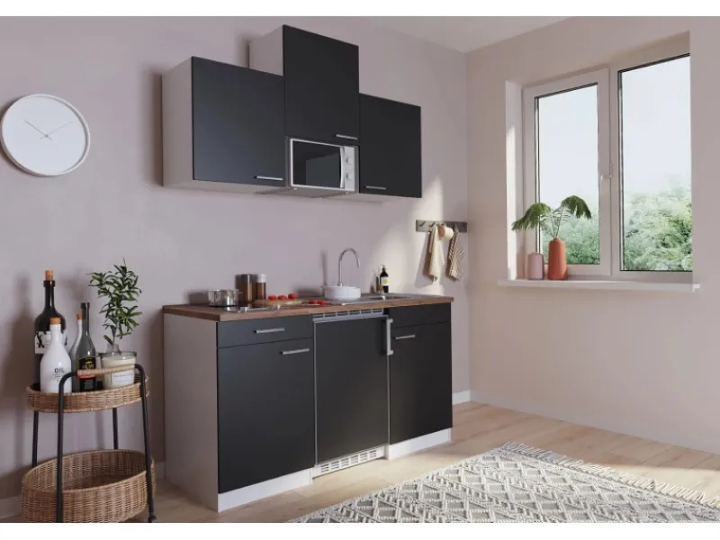 Respekta Küchenzeile KB150WSMIC 150 cm -Weiß Schwarz