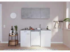 Respekta Küchenzeile KB150WWBCG 150 cm Weiß-Beton Optik< Single-Küchen|Pantryküchen