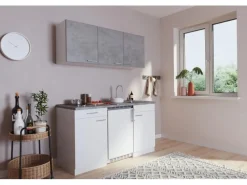 Respekta Küchenzeile KB150WWBCG 150 cm Weiß-Beton Optik< Single-Küchen|Pantryküchen