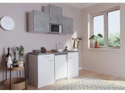 Respekta Single-Küchen|Miniküchen<Küchenzeile KB150WWBMIG 150 cm Weiß-Beton Optik
